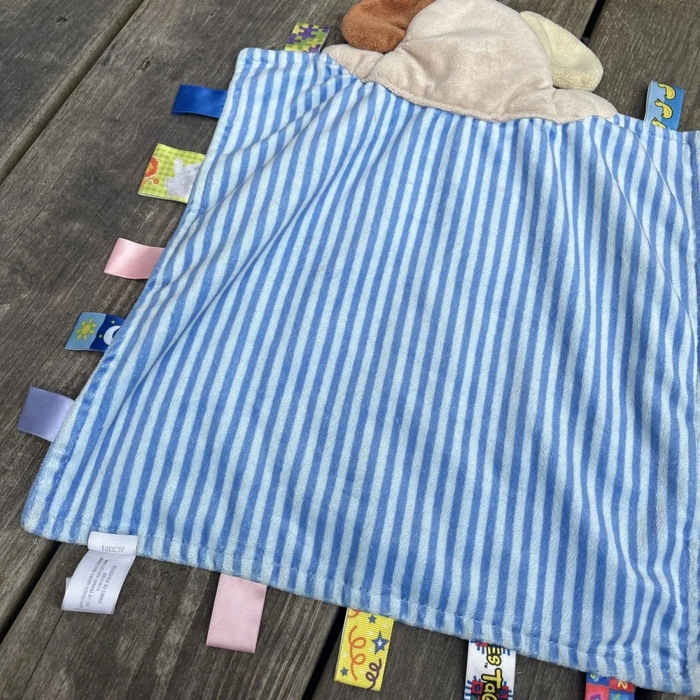 Taggies Peek A Boo Buddy Puppy Dog Baby Blanket Blue Stripe Bone Security Lovey